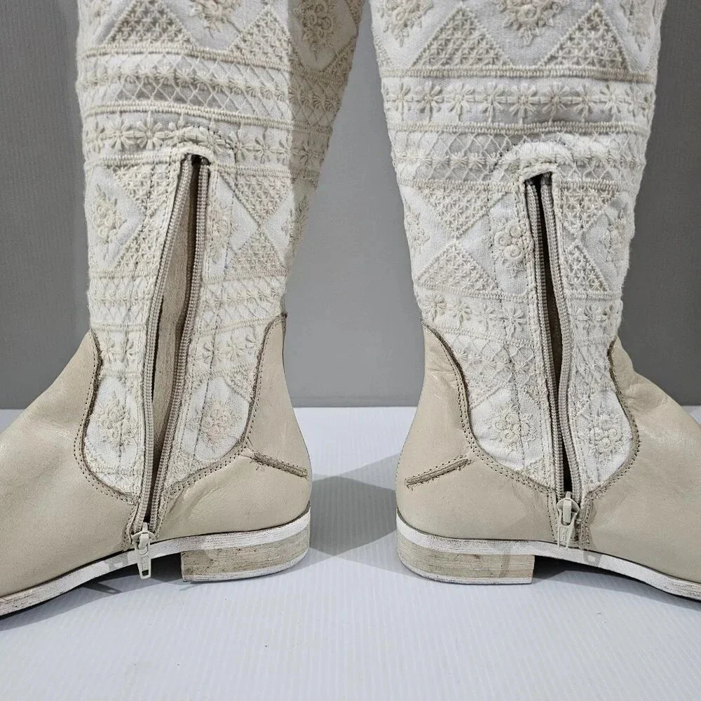 Free People Bren Knee High Boot Womens EU 37 Cream Embroidered Slouchy Boho
